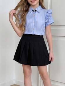 【返校套装】8-12岁女孩清新青春日常穿搭：蓝白条纹荷叶领衬衫+黑色百褶裙，既适合上学又舒适甜美 - 藍色 - 查看 1