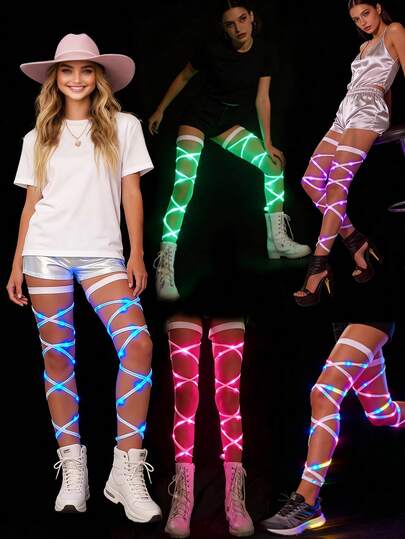 Justerbart elastiskt LED-neonrörsstrumpebandsset - För kvinnor, Cyberpunk Burning Man-festkostymtillbehör, Halloweenfestbröllopsdekor, Batteri ingår