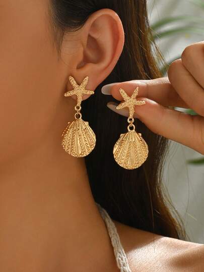 1 par romantiska havsstil snäckskal och sjöstjärna dekor moderiktiga örhängen, charmiga smyckenörhängen lämpliga för vardagsbruk, stranddejt och semester