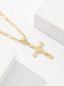 1pc Classic European Style Copper Jesus Cross Pendant Necklace, Limited Edition "Light Of Protection", Suitable As Gift For Christmas, Thanksgiving, Halloween, Mother's Day, Valentine's Day, Friends, Believers, First Holy Communion, Daily Wear And Prayer - Yellow Gold - View 5