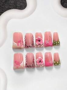 10件套甜美酷炫少女风亚克力美甲套装，包含亚克力美甲贴纸、手工五瓣渐变粉色花朵、粉色圆形钻石装饰、白色美甲贴片、粉色五瓣印花、绿色指甲油，是送给女性和女孩的理想美甲礼物，附赠美甲工具（1个果冻贴纸+1个指甲锉）。手工制作的按压式美甲贴片。 - 彩色 - 查看 13