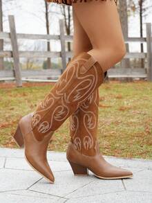 Women's Western Style Pointed Toe Mid-Calf Boots, Embroidered Chunky Heel Cowboy Boots - Brown - View 7