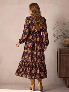Abito casual da vacanza con scollo a V in pizzo floreale retrò bohémien blu navy profondo - blu scuro - Visualizzare 8