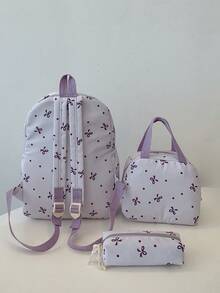 3pcs Fashionable Collegiate Bow Print Backpack Set, Including Backpack, Lunch Bag And Pencil Case, With Laptop Compartment, Adjustable Straps, Multi-Pocket Large Capacity Student Backpack Set, Suitable For Girls/Teens/College Students/Graduates For Daily Use/Vacation/Travel/Back To School - Multicolor - View 11