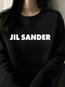 200g 100% Cotton T-Shirt, 2025, Women's Spring/Autumn Fashion, Printed Long Sleeve T-Shirt, Couple Style, Underwear/Outerwear, Office Casual, Round Neck, Long Sleeve Top - 黑色 - 查看 1