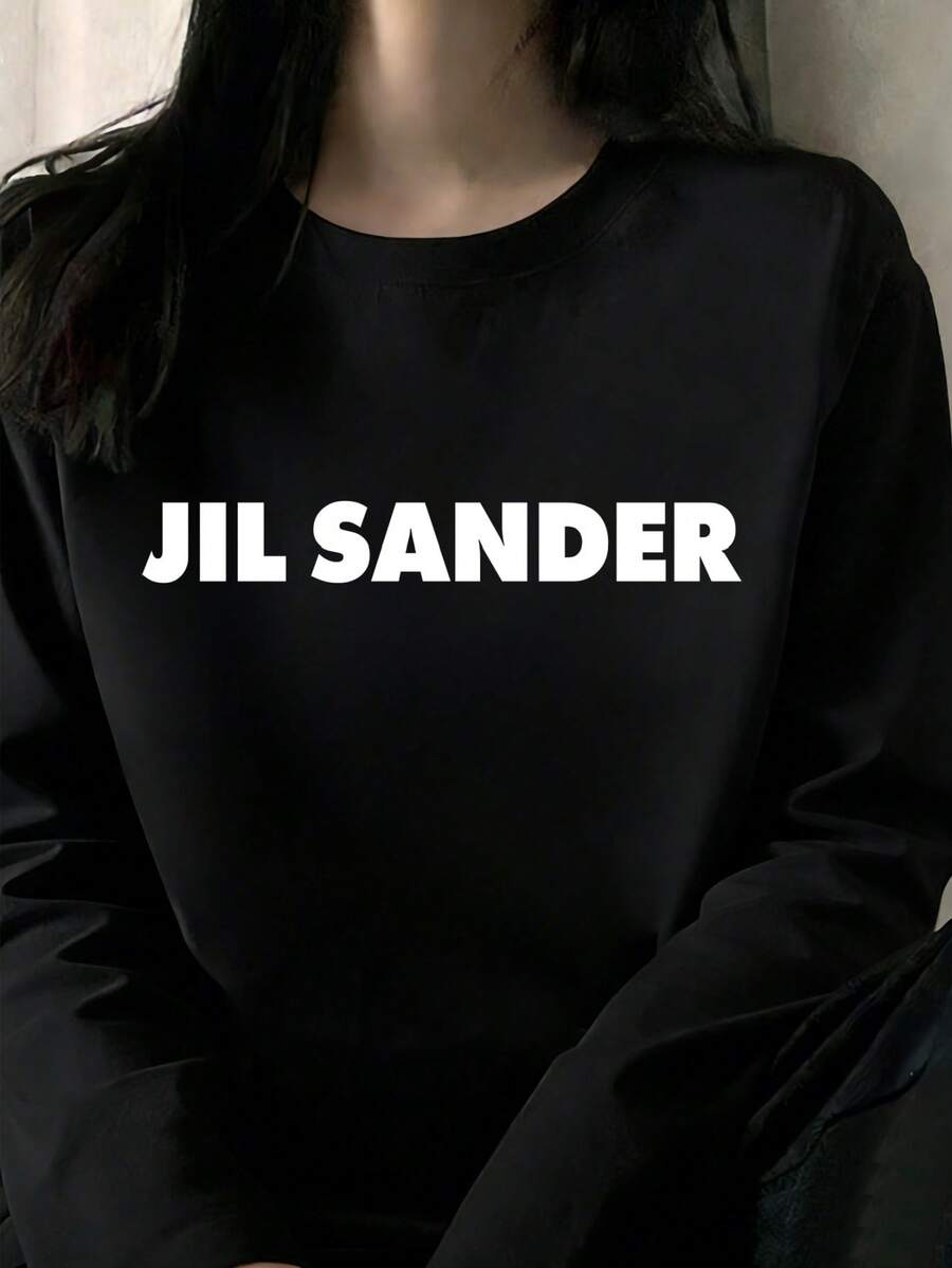 200g 100% Cotton T-Shirt, 2025, Women's Spring/Autumn Fashion, Printed Long Sleeve T-Shirt, Couple Style, Underwear/Outerwear, Office Casual, Round Neck, Long Sleeve Top - 黑色 - 查看 1