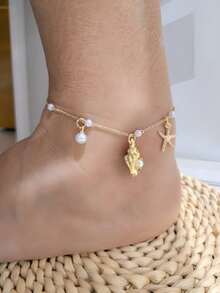 1 pieza Tobillera con estilo de brisa marina con perlas falsas, conchas marinas y estrellas de mar para mujeres (cantidad de cuentas aleatoria) - Dorado - Ver 1