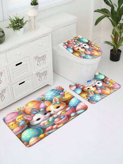 1pc/3pcs Spring Easter Colorful Egg & Cartoon Rabbit Pattern Bathroom Mat, Machine Washable 1200g/㎡ Polyester Fiber Decorative Floor Mat, 10mm Thick, TPR Anti-Slip Bottom, Soft & Absorbent, Foldable & Easy Care, Suitable For Bathroom, Shower, Toilet, Living Room, Entryway, Easter Home Decor Carpet, Multi-Scene Use, Easter Gift