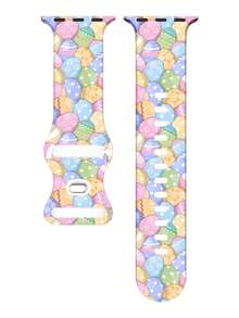 Printed Silicone Watch Band, Suitable For Apple Watch Bands 38mm, 40mm, 41mm, 42mm, 44mm, 45mm, 49mm, Compatible With Apple Watch SE, Series 9, 8, 7, 6, 5, 4, 3, 2, 1, Unisex, Non-Fading Silicone, Cute Easter Pattern - Watermelon Pink - View 5