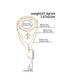 4件套复古嘻哈十字架吊坠仿珍珠项链，Y字形项链套装，可单独佩戴或叠戴，男士魅力饰品，适合日常、音乐节、派对等场合，男女皆宜，理想礼物 - 金色 - 查看 5