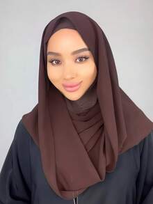 1pc Women's Solid Color Balaclava Hat, All-In-One Convenient & Quick To Wear, Minimalist Casual Elegant Classic Versatile, Chiffon Lining Scarf Integrated, Soft Chiffon Fabric Scarf, Hood And Matching Chiffon Headscarf, 2-In-1 Design, Easily Stylish Outings - Coffee Brown - View 2
