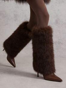 Women's Fluffy Fur Pointed Toe Stiletto Heels Knee High Boots Holiday Vacay Vibe For Elegant Fashionable Boots Spring Summer Party Evening Gala - Cà phê nâu - Xem 6