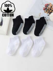 6双装纯棉婴儿防滑地板袜，黑白纯色圆点防滑婴幼儿室内软底鞋，卡通中筒袜，男女宝宝均适用 - 黑與白 - 查看 5