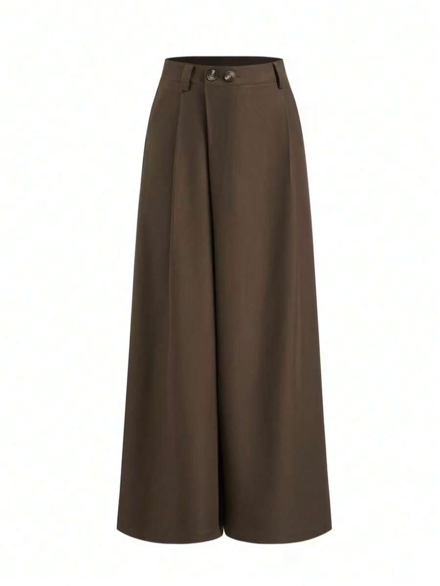 Quần ống rộng xếp ly cạp cao bất đối xứng màu trơn dành cho nữ, thích hợp cho mùa xuân. - Cà phê nâu - Xem 1