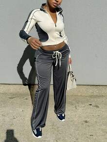 2pcs Women's Casual Set, Cropped Top With Zipper Drawstring Pants, Medium Stretch, Pockets - Apricot - View 5