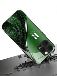 1pc Customizable Text & Letter Design Gradient Color Base With Flowing Glitter Texture Tempered Glass Phone Case, Compatible With Iphone 17 ProMax/17 Air/15/16 Pro/14 Plus/13 Pro/12 Pro Max/11/Xs Max/8/7/6 Plus, S24 Ultra/S25 Ultra/A12, Fashion Business Customization, Personalized And Creative Design, Best Gift For Girlfriend/Best Friend - Black - View 7