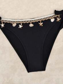 2pcs/Set Women Ocean Theme Decorative Sexy Casual Bikini Set, Halter Solid Color Swimwear For Beach And Pool, Spring/Summer Vacation, Removable Swimwear Pads, Black Swimsuit - 淺藍色 - 查看 9