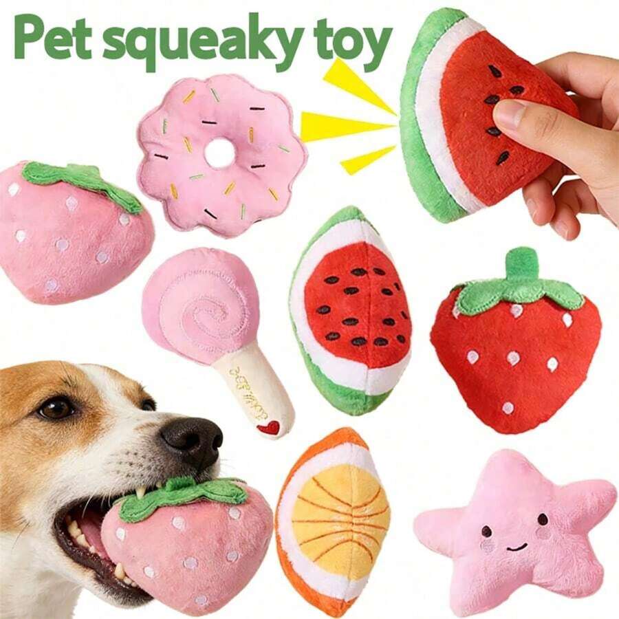 4件套毛绒发声宠物玩具套装，适合小型犬猫 - 棒棒糖、星星、甜甜圈和草莓形状 - 互动玩耍和睡眠伴侣，狗狗磨牙玩具 - 彩色 - 查看 1