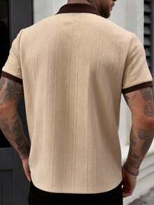 Men's Knitted Textured Contrast Collar Embroidered Polo Shirt, Versatile For Casual Wear And Commuting - Coral Pink - View 4