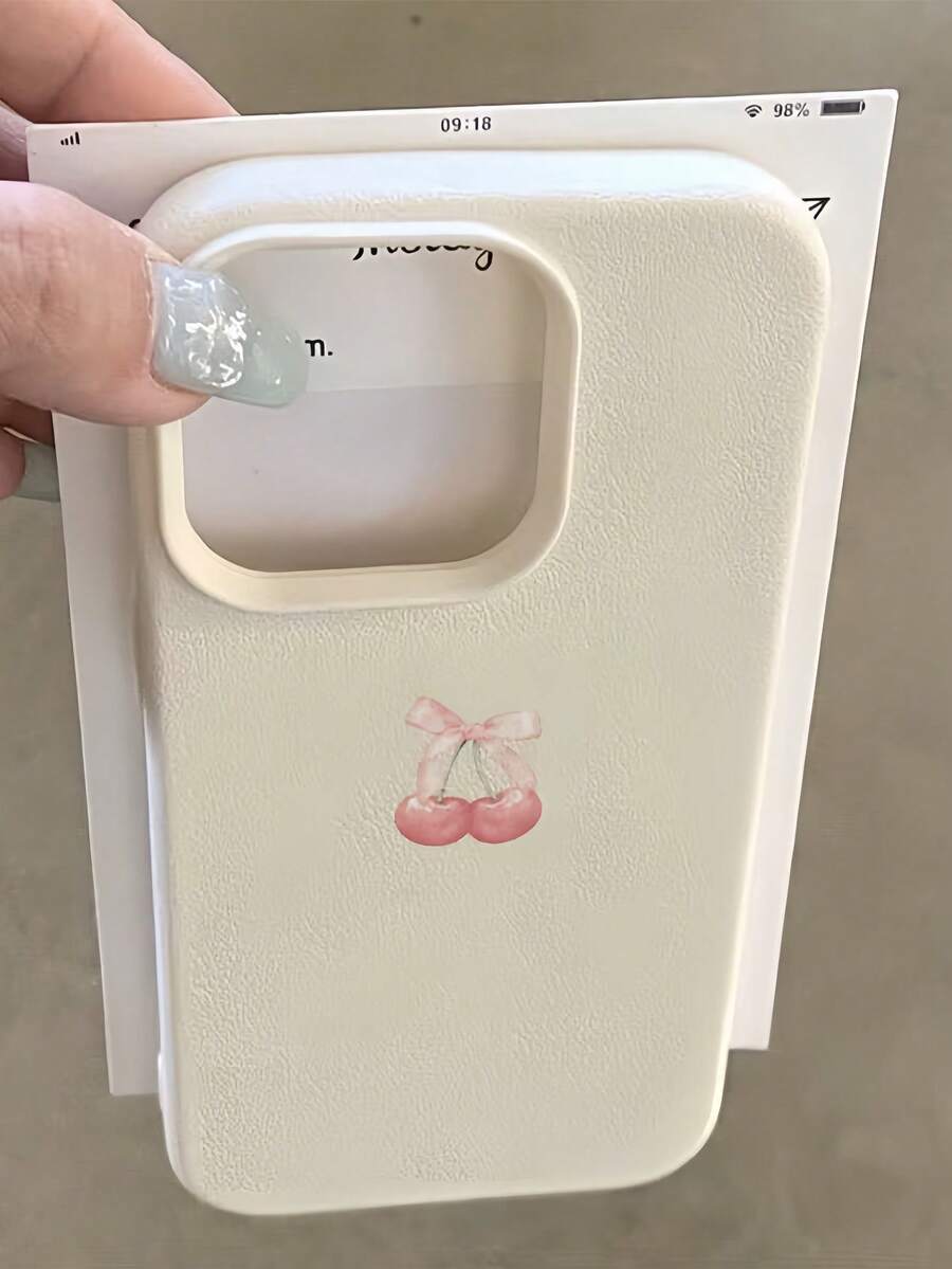 1 pieza Funda de teléfono con textura de cuero blanco, lente mate, protección antideslizante, diseño minimalista con patrón de cereza rosa, compatible con iPhone 16 Pro Max, 17/16/15/14 Plus, 13/12/11, Air, Series, versión internacional, no la versión nacional - Multicolor - Ver 1