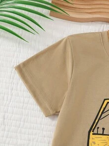Children's Summer T-Shirt, Short Sleeves, Excavator Print, Round Neck, Knitted Fabric. - 鏽棕色 - 查看 4
