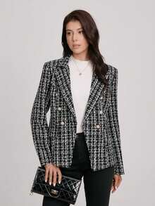 一件双色格纹纽扣西装外套，适合办公室、学校、春秋季穿着。 - 黑與白 - 查看 5