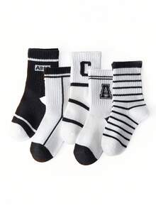 5双装儿童黑白条纹字母提花四季运动中筒袜 - 彩色 - 查看 7