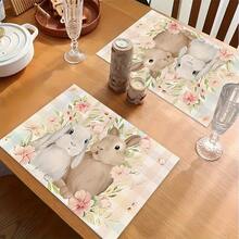 1/4/6 pezzi Serie Pasquale, Un paio di conigli abbracciati circondati da fiori rosa e bianchi e foglie verdi stampati su tovaglietta/tovaglia, realizzata in lino, lavabile a mano - adatta per tavolo da pranzo, cucina, festa, decorazione della casa - Multicolore - Visualizzare 1