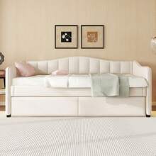 Daybed, 90x200cm Daybed With Pull-Out Bed, Sofa Bed, Single Bed (Without Mattress), Ambient Lighting Design, Linen, Minimalist Styling, Beige - White - View 3
