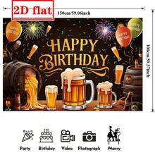 2D啤酒主题生日背景幕布，生日庆祝场景，节日派对装饰，大型布艺横幅，包含啤酒杯和气球，室内拍照背景装饰，非常适合生日派对和节日活动 - 彩色 - 查看 12
