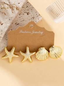 4/6/16件套新款时尚金色光滑不规则五角星、海星、贝壳、螺旋、C形珍珠耳钉套装，适合男士、情侣、海滩、旅行、日常佩戴，时尚优雅，百搭各种服饰。 - 金色 - 查看 7