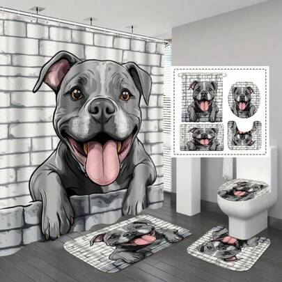 1/3/4 Pcs Bulldog Tongue Out Pattern Shower Curtain Set, Bathroom Decor Curtain, Bathroom Divider Curtain, Toilet Seat Cover, Bathroom Mat, Waterproof Polyester Curtain With 12 Plastic Hooks, 72" X 72"