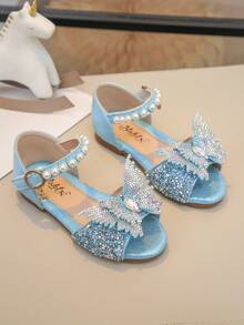 Baby Girl Flat Sandals Bow Rhinestone Pearl Color Diamond Princess Shoes - Blue - View 2
