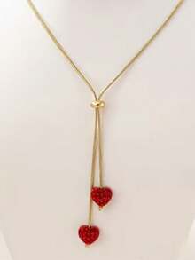 1 Adjustable Y-Shaped Cord Necklace, Heart-Shaped Pendant Design With Synthetic Stones, Elegant And Street Style, Unique And Exquisite Personalized - Red - View 2