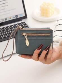 新叶吊坠女士短款手提包，高品质PU纯色双拉链短款钱包手提包，多功能卡片及银行卡收纳包，日常旅行、旅游、派对手提包，送给妈妈、女朋友、生日、感恩节、新年礼物，学院风学生大容量零钱包，日常旅行收纳小包，儿童零花钱短款方包，折叠零钱包 - 彩色 - 查看 15