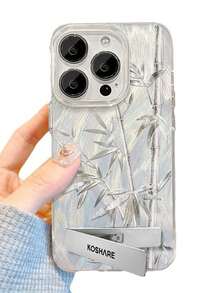 1pc Feather Chiffon Full Coverage Phone Case With Chinese Style Silver Bamboo & 3D Metal Stand, Suitable For IPhone 11/12/13/14/15/16/17/Pro Max - Silver - View 2