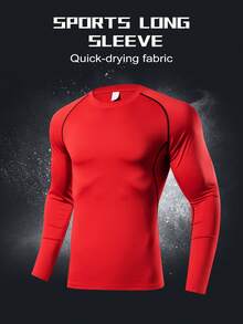 1pc Men's Compression Long Sleeve Fitness Top, Tight Core Workout Base Layer Spring - Red - View 3