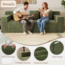71" Love Seat Couches, Corduroy Boneless Loveseat With Deep Seats, 2 Seat Couch Apartment Size Couch With 3 Pillows&Side Pockets For Bedroom, Office, No Assembly Required - 綠色 - 查看 4
