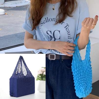 1pc Cute Expandable Magic Tote Bag With Ruffle Trim And Wrist Strap - Polyester Compact Portable Tote, Multi-Color Options (Pink, Green, Blue, Yellow, Brown, Cyan, Red, White, Black, Beige) - Suitable For Shopping, Daily Use, Gifting - Fashionable And Practical Small Bag, Lotus Texture, Spacious Interior Design, Reliable Expandable Mechanism, Easy To Store, Mini Shopping Bag