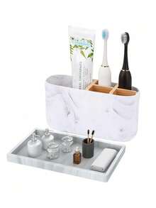 5-Slot White Marble Color Bathroom Toothbrush Holder, Electric Toothbrush & Toothpaste Rack For Vanity, Shower Area And Dressing Table. Matte Black Bathroom Toothbrush Holder, Electric Toothbrush Rack With Bamboo Divider. Children's Toothbrush And Toothpaste Storage Box, Suitable For Bathroom Countertop Accessories - White Imitation Toothbrush Holder/comb Holder - View 3