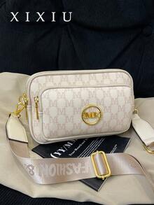 Bolso de hombro, bolso cuadrado, bolso bandolera con diseño de letra, patrón de animal, unicolor, impermeable, de piel sintética, con diseño de rombos y logo metálico de animal, adecuado para compras, estilo retro y elegante, para mujer - Beis - Ver 2