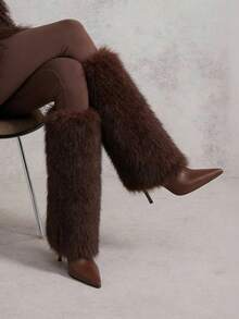 Women's Fluffy Fur Pointed Toe Stiletto Heels Knee High Boots Holiday Vacay Vibe For Elegant Fashionable Boots Spring Summer Party Evening Gala - Cà phê nâu - Xem 1