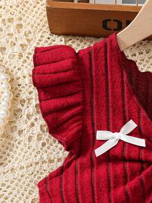 Young Girl' Fashion Casual Cute Set, Knitted Bow Jacket + Knitted Bow Strap Dress - Red - View 4