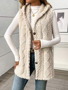 Spring New Women's Comfortable Artificial Fur Spring Sleeveless Jacket, Valentine's Day Fashion Sleeveless Jacket Single Item, Front Button Pocket Long Casual Style, Solid Color, Button Design, Suitable For Cold Weather, Winter Leisure | Button Jacket | Durable Jacket, Women's Spring Plush Open Fleece Coat, Women's Winter Clothing, Women's Jacket, Women's Winter Jacket, Women's Wool Jacket - 米色*春季無袖款 - 查看 2