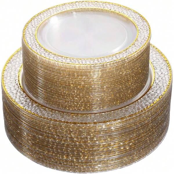 50/25/12/2pcs Transparent Hammered Double Gold Rim Plates, Double Gold Rim, Transparent Bottom Decorated With Gold Rim, Elegant Dessert Plate, Pasta Plate, Pizza Plate, Cake Plate, Salad Plate, Size 7.5 Inch/10.25 Inch, Reusable And Easy To Clean, Suitable For Outdoor Use, Parties, Birthdays, Weddings And Holidays. (Multiple Specifications Available For Selection)