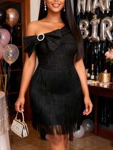 女士优雅黑色提花流苏连衣裙，蝴蝶结不对称领口流苏迷你鸡尾酒会礼服 - 黑色 - 查看 10