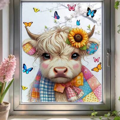 1/2 ملصق نافذة بصورة بقرة هايلاند الجميلة، بقرة، دوار الشمس وفراشات ملونة، ملصقات زجاج مقاومة للماء ذات تصميم ربيعي مزرعي لديكور المنزل