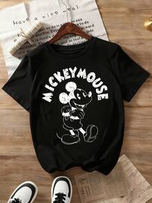 Disney Co-Branded Mickey Mouse Silhouette Print T-Shirt, Boys' Breathable Cotton Versatile Short Sleeve Top - 黑色 - 查看 3
