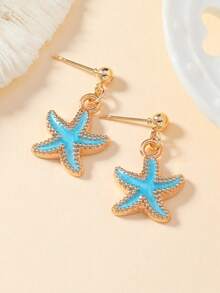 1 Pair Of Super Cute Mini New Summer Beach Ocean Style Versatile Colorful Pink Red White And Blue Gold Plated Small Starfish Charms Stud Earrings For Women Daily Wear, Personalized Starfish Boho Earrings Jewelry Accessories - Navy Blue - View 3