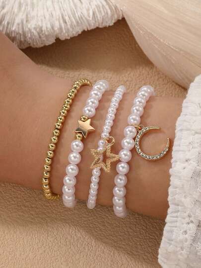 4pcs/Set Girls Moon & Pentagram Pearl Beaded Bracelet Set, Suitable For Daily Decoration
